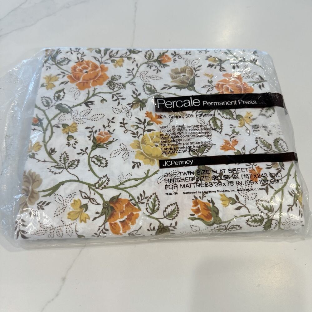 Vintage No Iron Twin Flat Sheet JCPenney Percale Floral Brown Orange White NEW